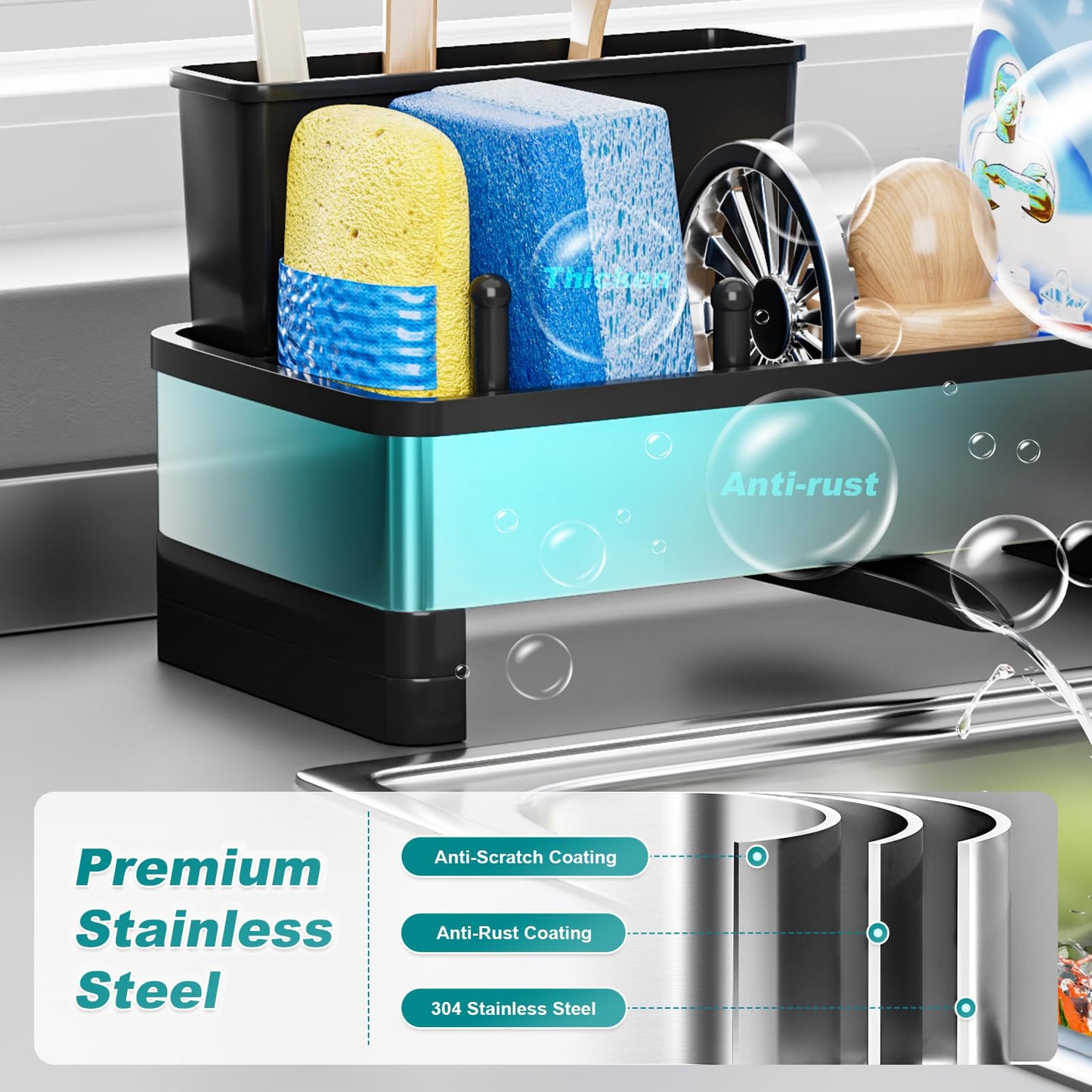 Ewaiira Stainless Steel Sink Caddy, Sponge Holder for Kitchen Sink with Brush Holder Dishcloth Rack, Rustproof sink Organizer Countertop, Soap Dispenser Kitchen Organizers Storage Essentials,9.8″Black
