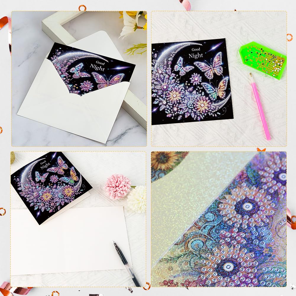 6 Pack 5D DIY Diamond Painting Moon Butterfly Greeting Card Kit, Diamond Art Christmas Birthday Holiday Greeting Card, Art Crafts Kit Creative Gift with Envelope