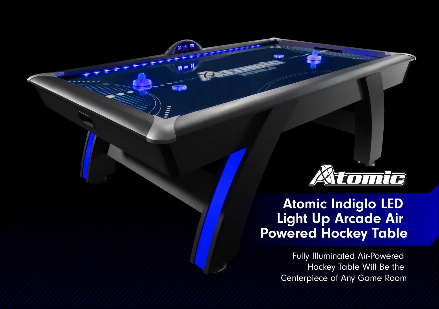 Atomic 90” Indiglo LED Light Up Air Hockey Table – Fully Illuminated Arcade Style Table with LED Scoring, Light Up Pucks & Pushers, in‑Rail Lighting and Music