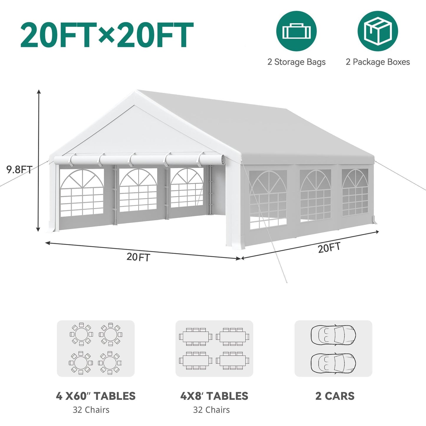 YITAHOME 20x20 ft Party Tent Heavy Duty Wedding Event Shelters Outdoor Upgraded Galvanized Canopy with Large White Roof, Removable PVC Sidewalls & 2 Storage Bags