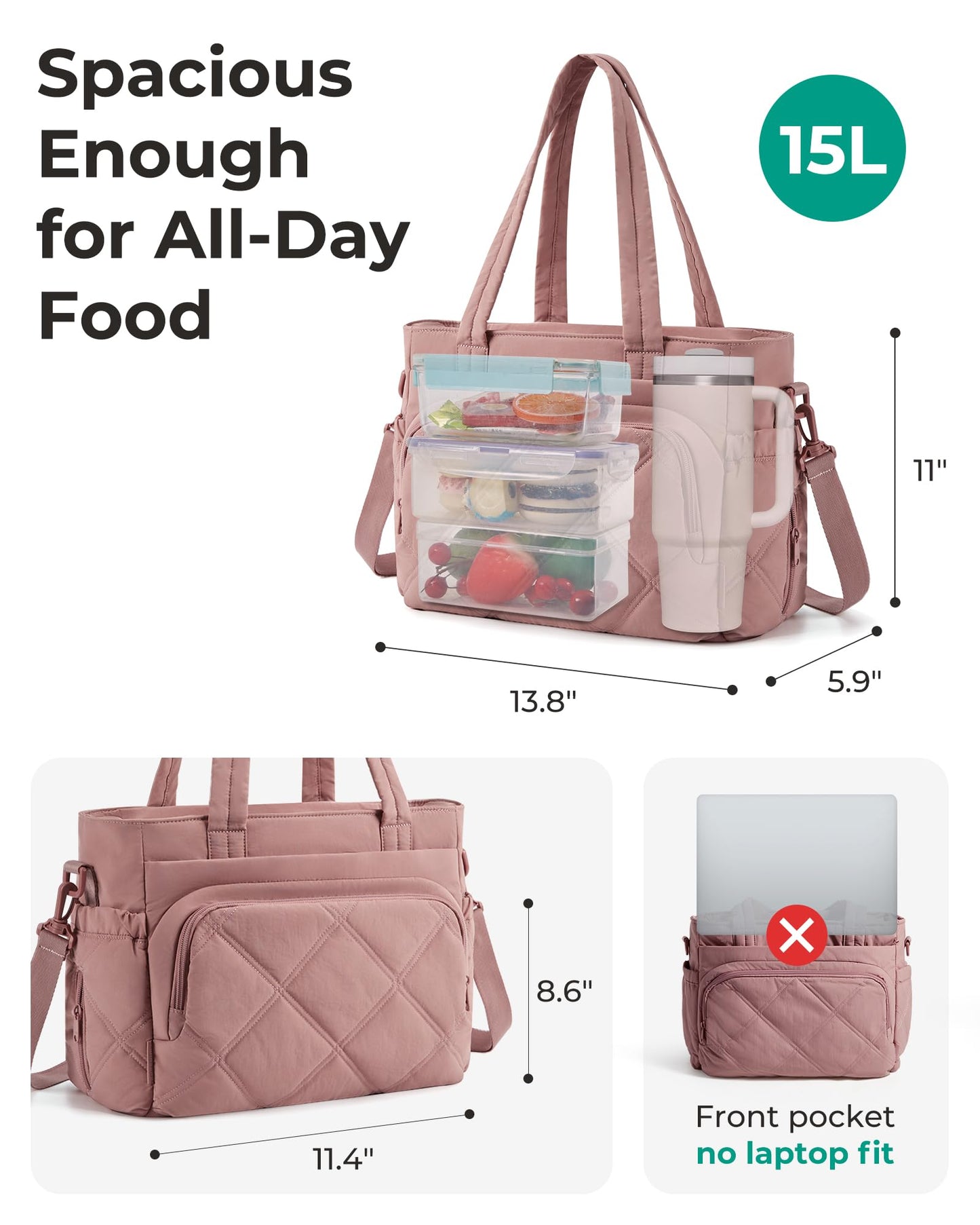 BAGSMART Lunch Bag Women Large Lunch Box Insulated Tote Bag with Multi-Pockets Quilted Puffy Tote for Work, Outdoors
