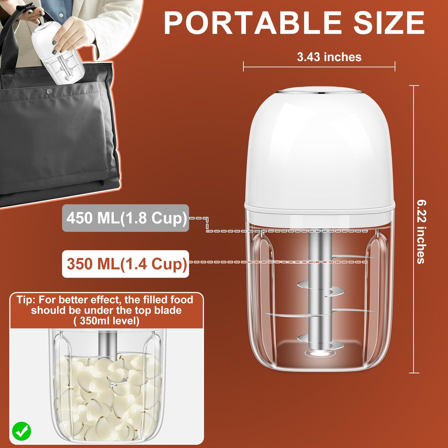 450ML (1.8 Cup) Electric Garlic Chopper, Mini Portable Food Processor, Garlic Grinder Masher for Onion, Ginger, Chili, Fruit, Vegetable, Meat