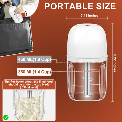 450ML (1.8 Cup) Electric Garlic Chopper, Mini Portable Food Processor, Garlic Grinder Masher for Onion, Ginger, Chili, Fruit, Vegetable, Meat