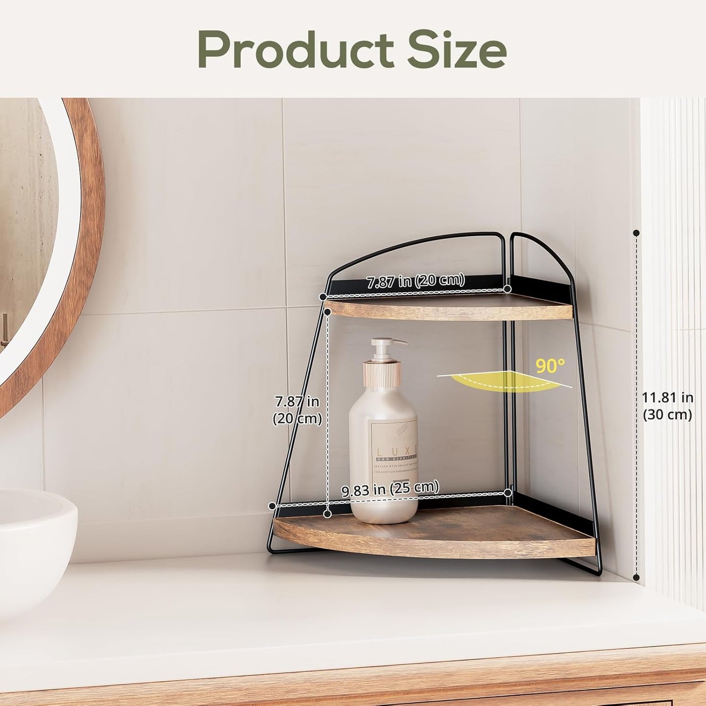 Puricon 2 Tier Corner Bathroom Counter Organizer, Wood Vanity Shelf for Skincare Storage, Brown Bathroom Organizers