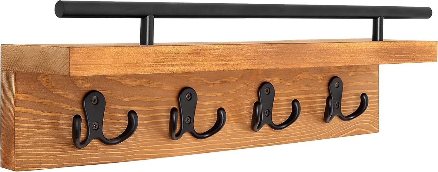 Mail and Key Holder for Wall, Decorative Wooden Shelf with Hooks, Wall Mounted Coat Rack (Light Brown)
