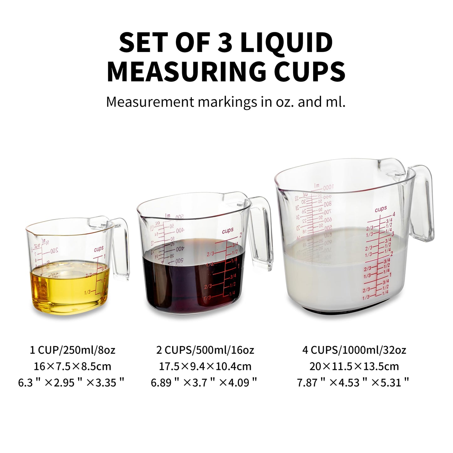 3-Piece Nesting Liquid Measuring Cups Set, Clear Plastic Measuring Jugs with Spout and Multiple Measurement Scales, 1 Cup, 2 Cup, 4 Cup for Baking and Cooking
