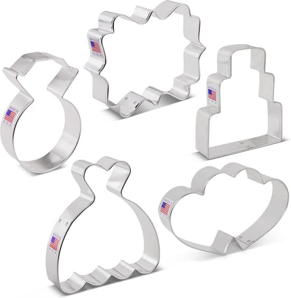Ann Clark Wedding Cookie Cutters 5-Pc Set Made in the USA - Square Plaque, Wedding Cake, Dress, Diamond Ring, Double
