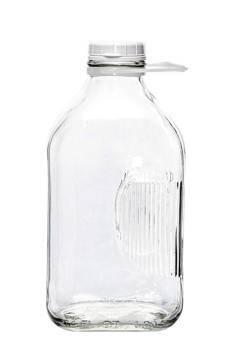 The Dairy Shoppe Glass Milk Bottle, Heavy Glass with 48 mm Extra Lid, Creamery Style (64 oz/4 pk, Half Gallon)