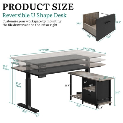 YITAHOME L Shaped Standing Desk with Power Outlets, 70.1" Electric Standing Desk Adjustable Height Sit Stand Corner Standing Desks Executive Desk with Drawers & Shelves, Grey + Black