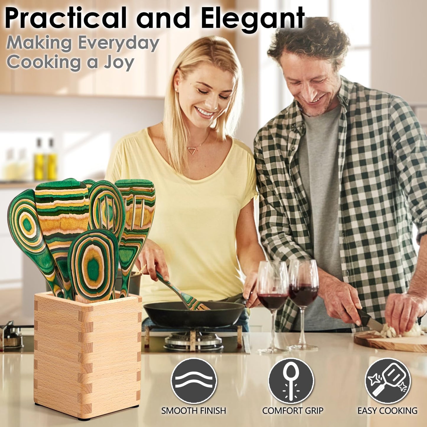 HOWHONG Wooden Spoons for Cooking, Pakkawood Kitchen Utensil Set Oasis Color, Premium Durable Wooden Utensils for Nonstick Cookware, Heat Resistant, Smooth Finish, Comfortable Grip, 7 Piece