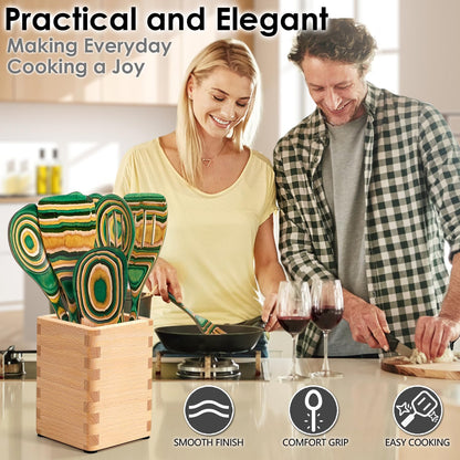 HOWHONG Wooden Spoons for Cooking, Pakkawood Kitchen Utensil Set Oasis Color, Premium Durable Wooden Utensils for Nonstick Cookware, Heat Resistant, Smooth Finish, Comfortable Grip, 7 Piece