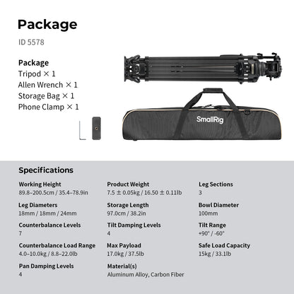 SMALLRIG 79''/200.5cm Heavy-Duty Carbon Fiber Video Tripod, 7-Step Counterbalance Head, Snap-on Quick-Release Plate for DJI & MFT 501, Max Load 17kg/37lb, Professional Video Shooting - FSD18-5578