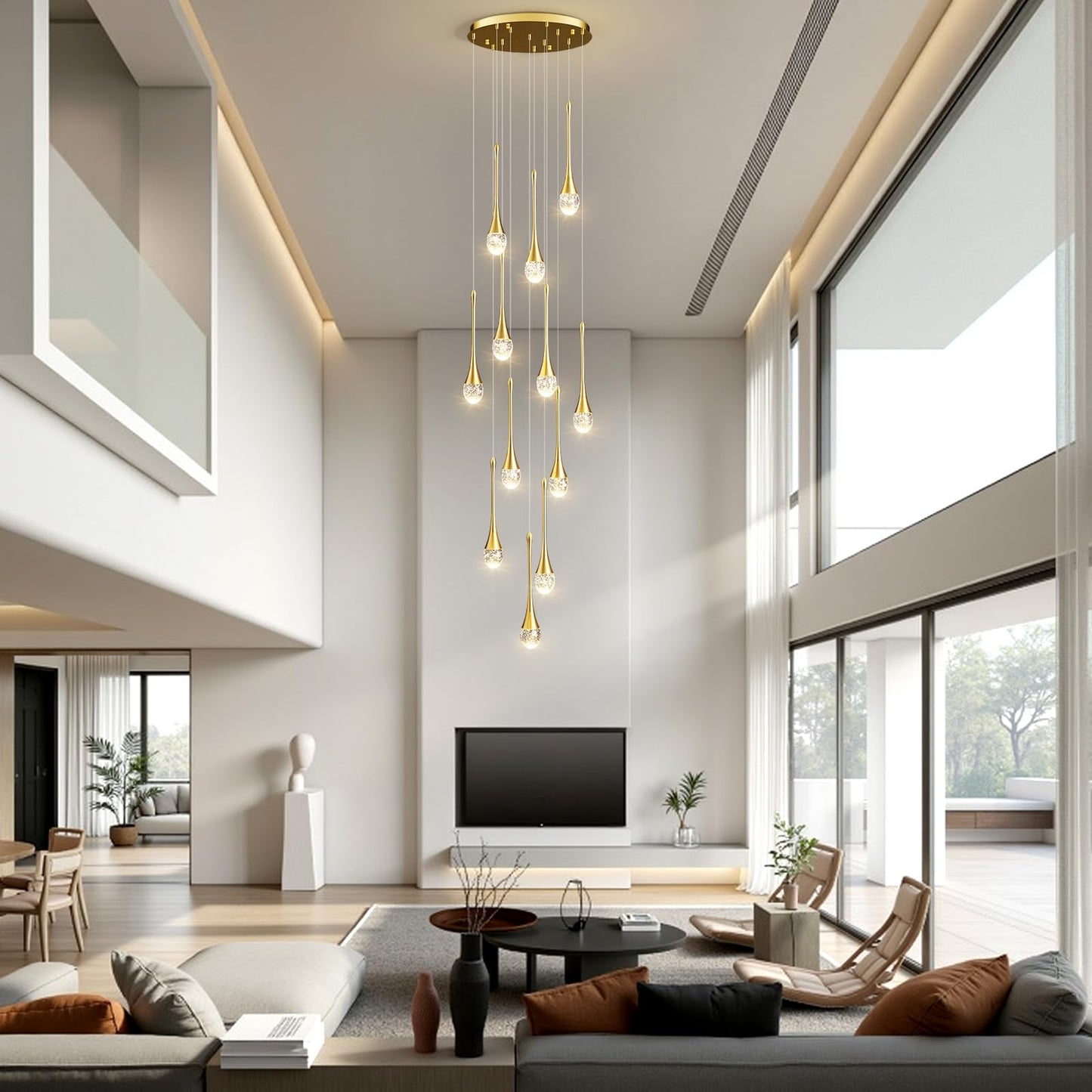 Raindrop Crystal Chandelier High Ceiling: 12 Lights Remote Dimmable LED - Large Long Modern Bubble Hanging Pendant Light Fixture Teardrop Spiral Chandeliers for Living Room Staircase Entryway Foyer