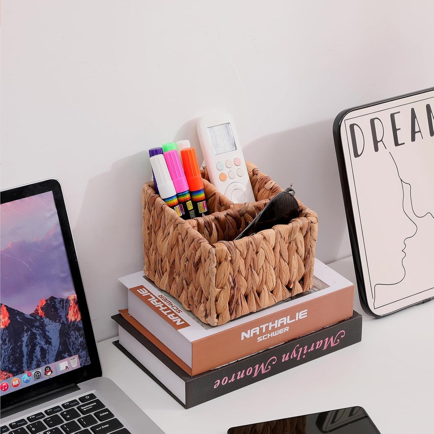 Wicker Remote Control Holder, Hand Woven Desk Organizer with 3 Compartments for Desktop Storage