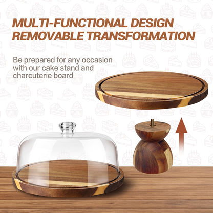 BOTOP Acacia Wood Cake Stand with Lid - 12 Inch Acrylic Dome Cake Cover for Display - 2-in-1 Pedestal Cake Holder & Charcuterie Board - Rustic Wedding Registry Gift & Party Hosting Essentials