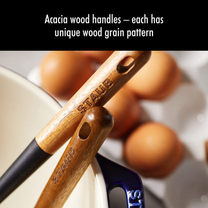 STAUB Silicone Spatula Turner, Perfectly Angled for Lifting Pancakes, Sandwiches and Picking up Veggies Durable BPA-Free Matte Black Silicone, Acacia Wood Handles, Safe for Nonstick Cooking Surfaces