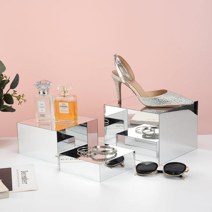 Silver Mirror Acrylic Display Risers, 6pcs Anti-Scratch Display Cubes, 4MM Thick Heavy Duty Square Boxes, Professional Showcase for Figures Statues Perfume Purse Jewelry Party Wedding Buffet Cake