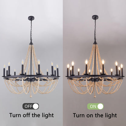 Wellmet Beaded Chandelier Boho Light Fixture 38", Black Farmhouse Dining Room Chandelier Pendant Lights, French Country Candle Wagon Wheel Chandelier Hanging Ceiling Light Fixture for Staircase Foyer