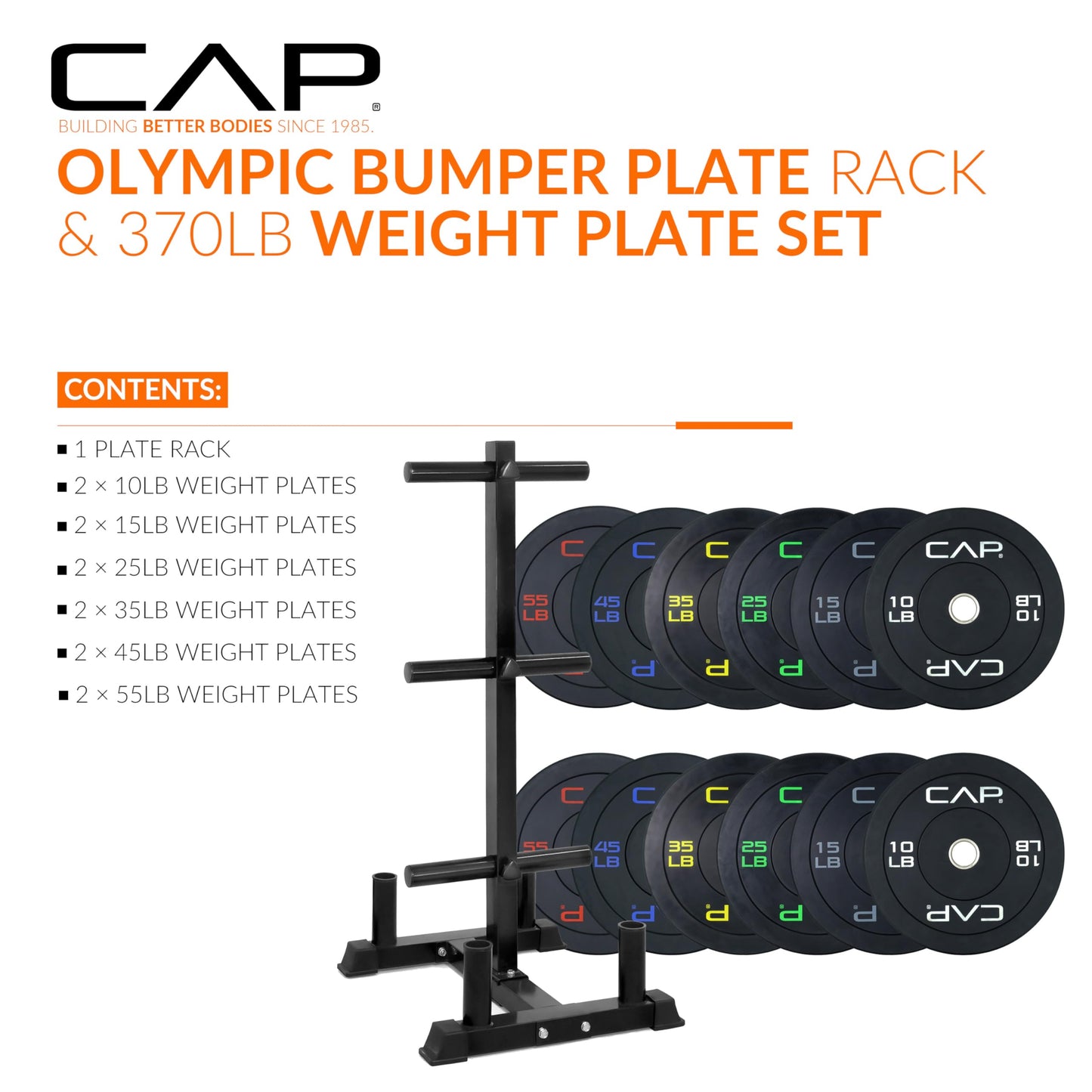 CAP Barbell 370 lb Economy Olympic Plate Set with Traditional Plate Rack & Barbell Storage | 6 Weight Posts + 4 Barbell Holders