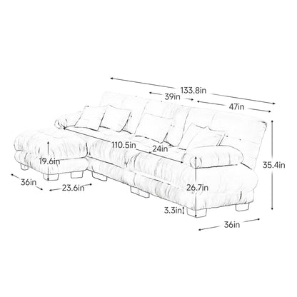 KEIKI 133" Sectional Sofa with Removable Ottoman, 4 Seat L Shaped Sleeper Cloud Couch Set, Comfy Chenille Upholstered Modular SofaBed for Apartment Living Room, Throw Pillows, Light Coffee