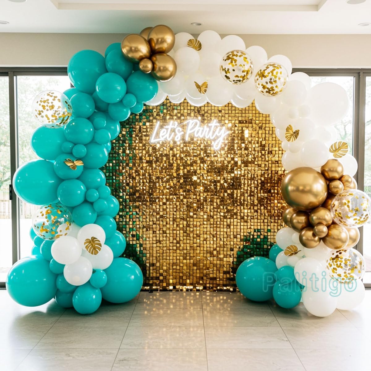 Teal Balloon Garland Kit with Gold Butterflies, Turquoise, Blue, Green, White & Gold Balloons for Party Decor