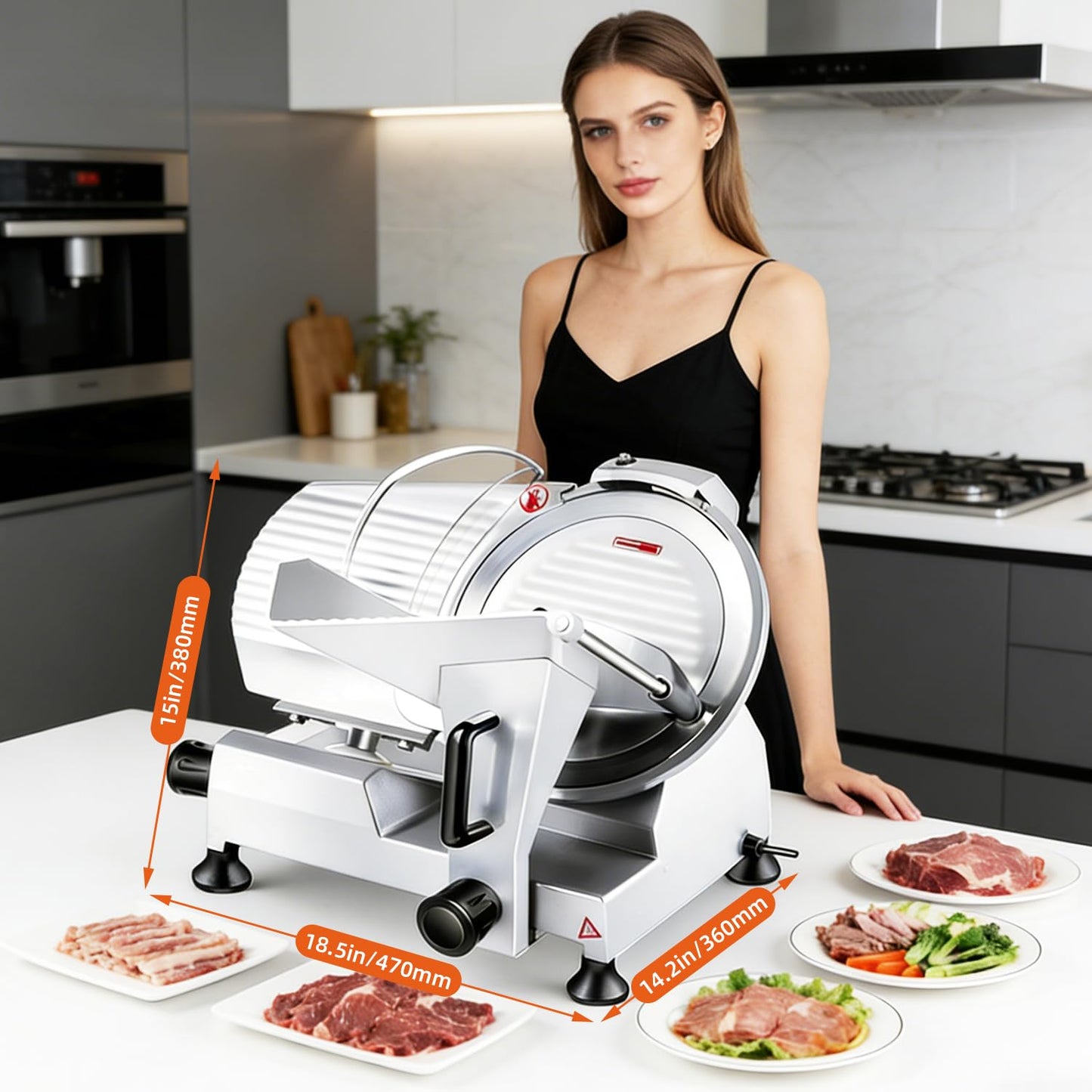 CHEF KEY Commercial Meat Slicer, 10 inch 240W Frozen Meat & Deli Slicer, Premium Carbon Steel Blade & Built-in Sharpener, 0-0.47 inch Adjustable, Semi-Auto for Commercial and Home Use