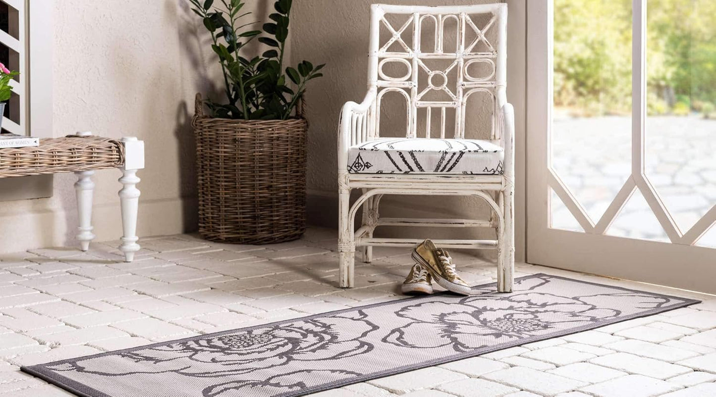 Unique Loom Outdoor Botanical Collection Area Rug - Rose, Gray/Silver (2' x 6' 1" Runner)