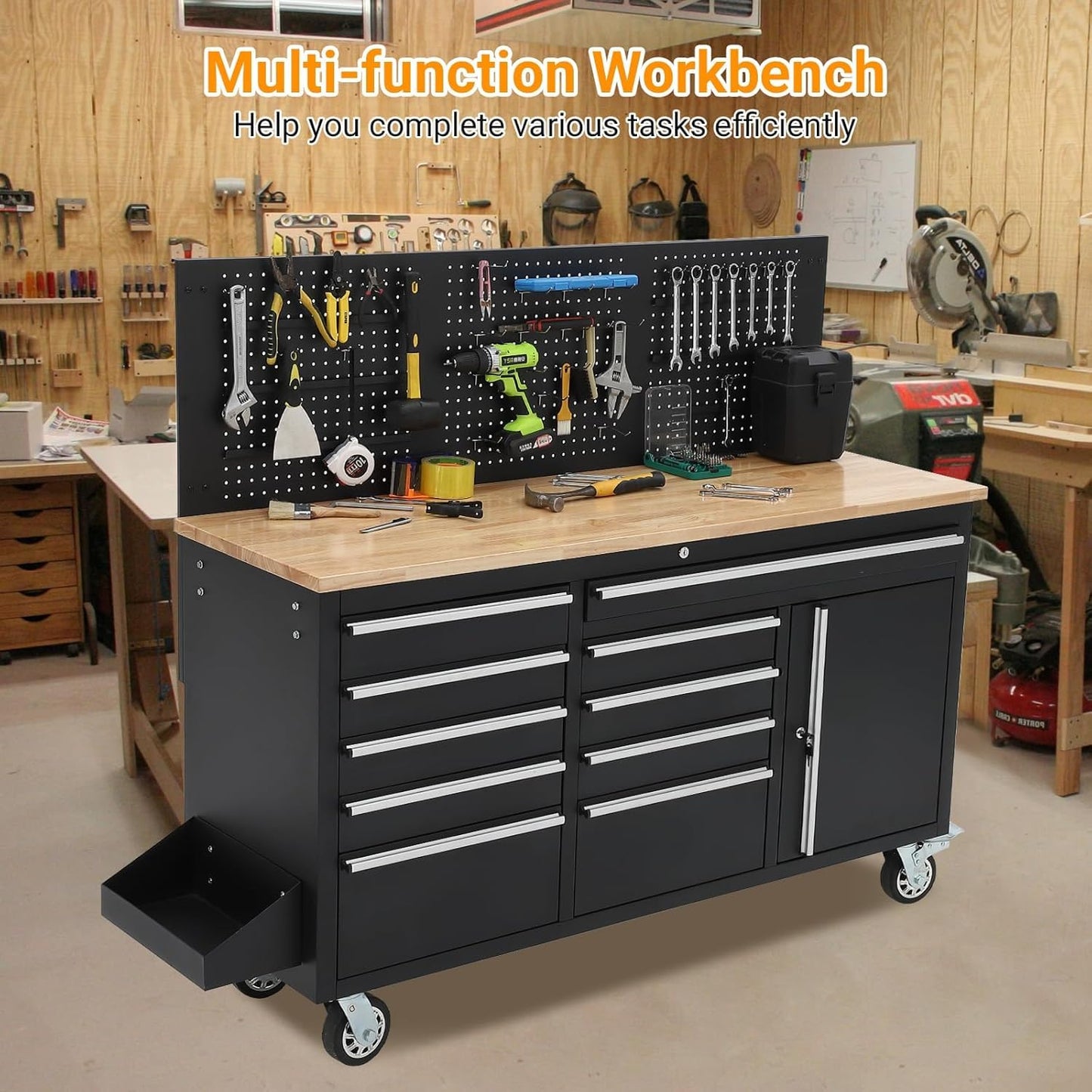 PeakPursuit 61" Rolling Tool Chest with 10 Drawers, Workbench Cabinet with Power Strip, Solid Rubber Wood Top, Pegboard, 1675 LBS Load, Mobile Heavy Duty Garage Storage, Locking Wheels, Black