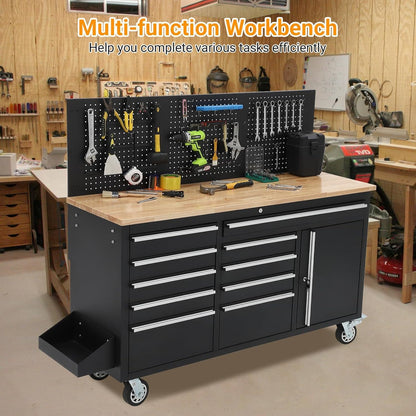 PeakPursuit 61" Rolling Tool Chest with 10 Drawers, Workbench Cabinet with Power Strip, Solid Rubber Wood Top, Pegboard, 1675 LBS Load, Mobile Heavy Duty Garage Storage, Locking Wheels, Black