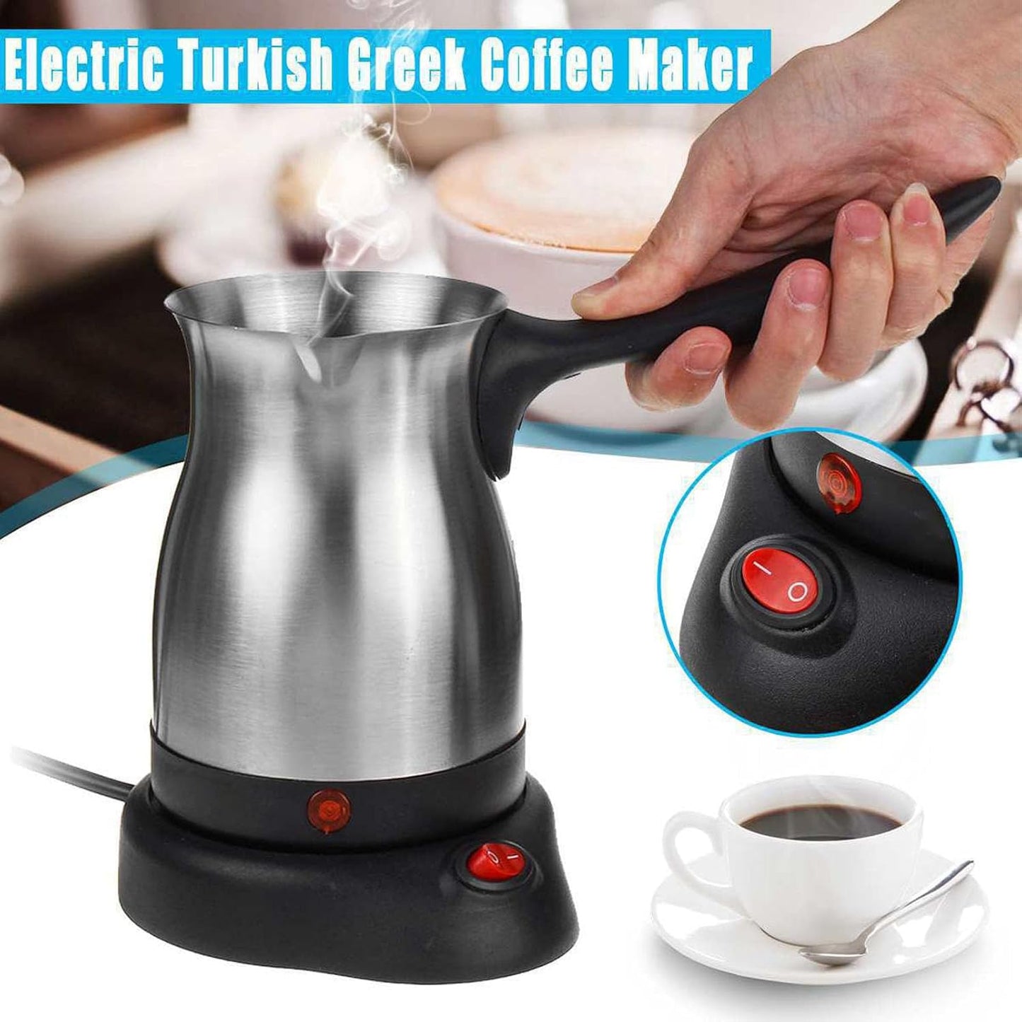 Turkish Coffee Maker, 600ml Stainless Steel Electric Pot with Long Handle for Home and Travel