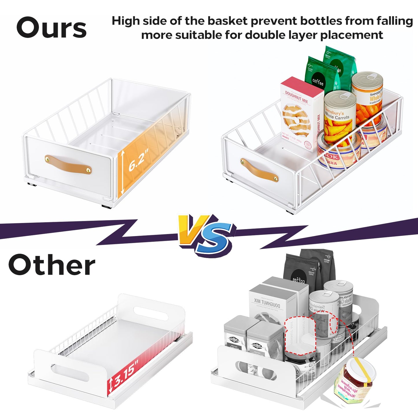 Pull out Cabinet Organizer,Heavy Duty Slide out Pantry Shelves Drawer Storage with Adhesive Nano Film,Sliding Mesh Cabinet Basket with Handle for Kitchen, Bathroom, Home, 11.8W" X 15.7"D X 6.2"H,White