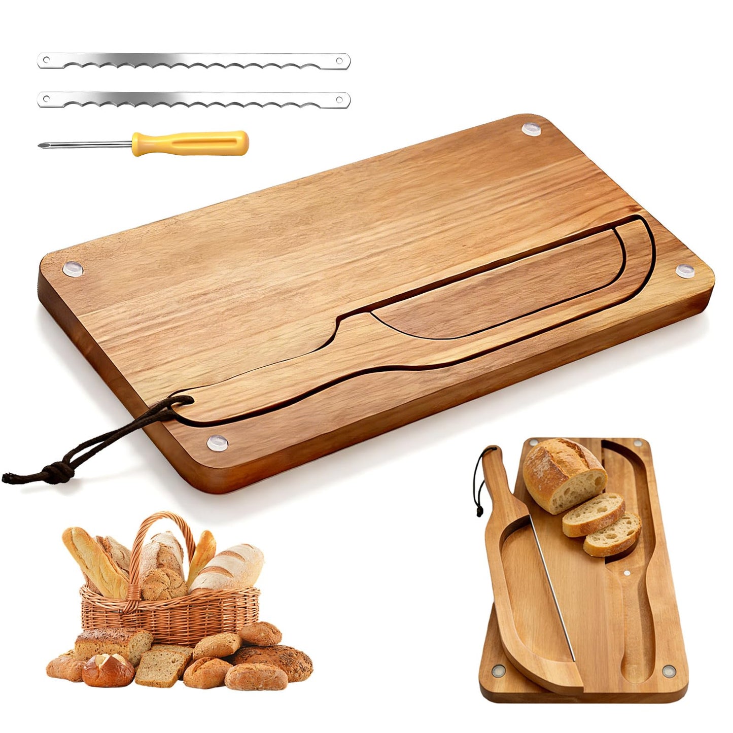 Yonent Wooden Bread Cutting Board with Bow Bread Slicer Set, Includes 2 Stainless Steel Blades and Removable Knife for Slicing Homemade Sourdough, Baguettes and Artisan Bread