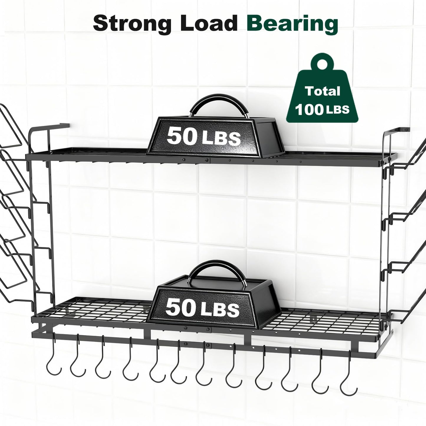 Housolution Pot Rack Wall Mounted, 22''-30'' Length Expandable, 3 Level Height Adjustable, 2 Tier Heavy Duty Hanging Cookware Pan Organizer with 12 Hooks and 8 Lid Holders