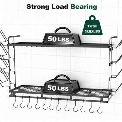 Housolution Pot Rack Wall Mounted, 22''-30'' Length Expandable, 3 Level Height Adjustable, 2 Tier Heavy Duty Hanging Cookware Pan Organizer with 12 Hooks and 8 Lid Holders