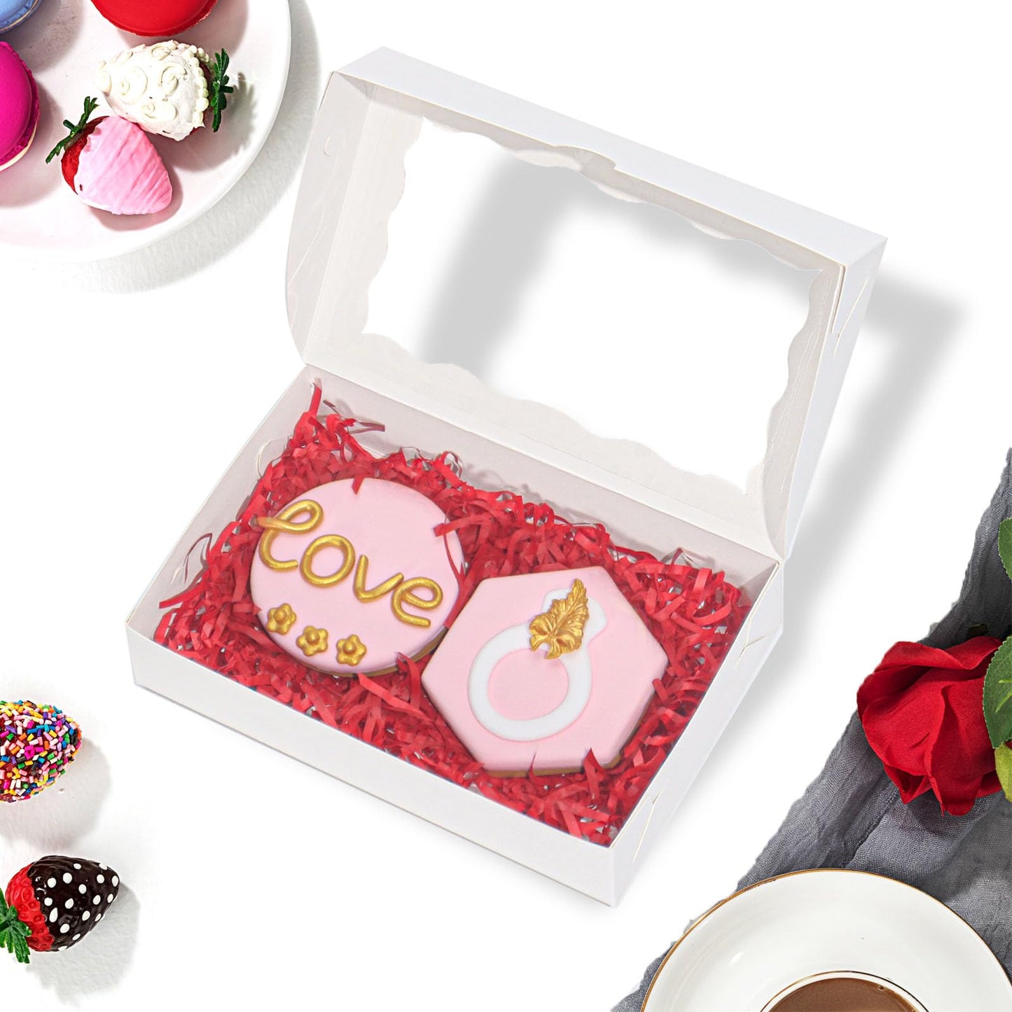RomanticBaking 50 Pack DIY Assembly White 7 x 4 3/8 x 1½ inches Cookies Boxes with Window Bakery Packaging for Macaron Cakesickle Chocolate
