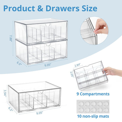 CLUQMEIK 2 Large Acrylic Tea Bag Organizer, 9 Grids Tea Organizers and Storage with Acrylic Drawers Stackable, Teabag Holder Organizer for Counter Countertop Kitchen Cabinet