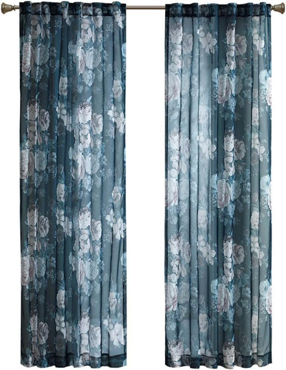 Madison Park Simone Floral Design Sheer Single Window Curtain Voile Privacy Drape, 50" x 95", Navy (MP40-6623)