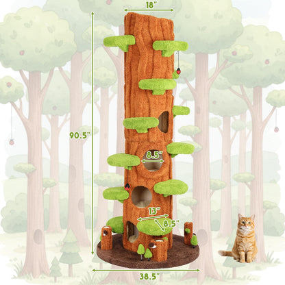 NUNU LAB 90.5 Inch Tall Cat Tree - Large Magic Forest Cat Tree Tower with Sisal Scratching Posts, Side Hideout & Platforms, Multi-Level Solid Wood Cat Condo with for Multi-Cat Homes (Large Green)