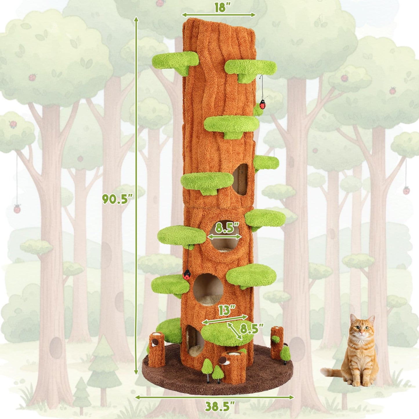 NUNU LAB Large Cat Tree for Indoor Cats – Multi-Level Solid Wood cat Tree Tower with Sisal Scratching Posts, Jumping Platforms, Plush Perches & Spring Toys for Multi-Cat Homes