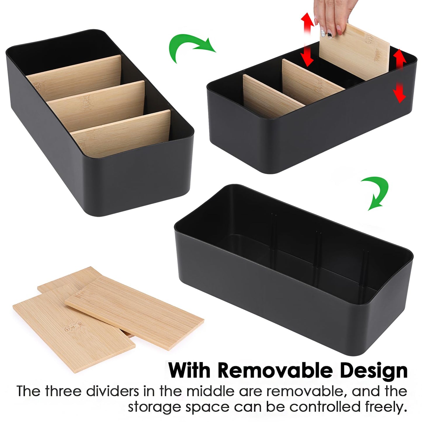 BSTKEY Seasoning Packet Organizer, Food Storage Organizer with Divided 4 Bamboo Wood Compartments, Black Plastic Storage Caddy for Pantry Cabinet, Kitchen Organization Bin for Snacks Spice Packets