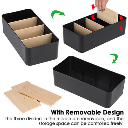 BSTKEY Seasoning Packet Organizer, Food Storage Organizer with Divided 4 Bamboo Wood Compartments, Black Plastic Storage Caddy for Pantry Cabinet, Kitchen Organization Bin for Snacks Spice Packets