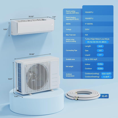 11500 BTU Wifi Enabled Mini Split Air Conditioner & Heater, 17 SEER2 208/230V Inverter Ductless Wall AC Unit with Pre-Charged Condenser, Heat Pump & Installation Kit