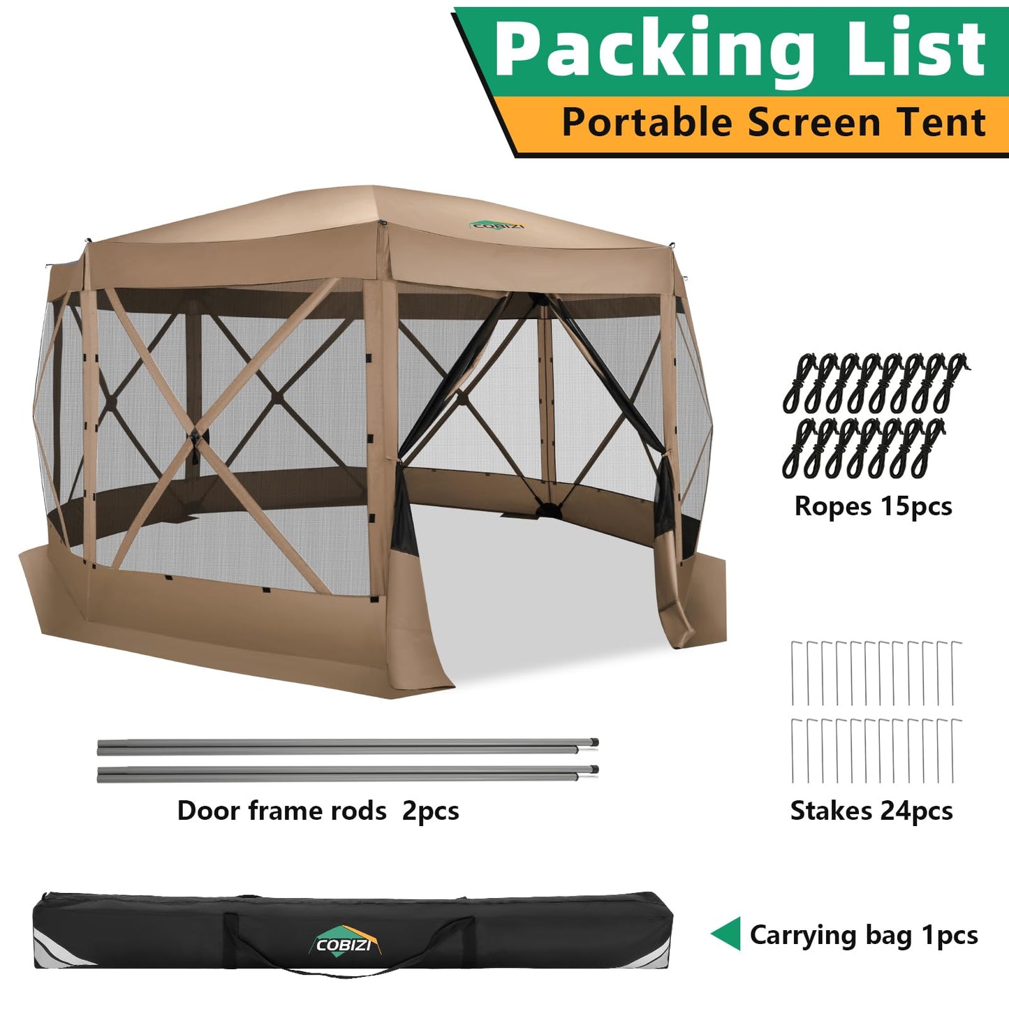 COBIZI 15x15FT Pop Up Gazebo Screen Tent Screen House for Camping, Screen Room with Mosquito Netting, Hub Tent Instant Screened Canopy with Carrying Bag and Ground Stakes, Khaki(Upgraded)