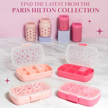 Paris Hilton 2-Pack Bento Style Snack Boxes, 7-Compartment Lunch Containers with Built-In Phone Stand, Removable Dividers and Dip Containers, Pink Bow Print
