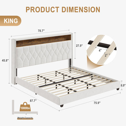 Garvee King Bed Frame with LED Light and Charging Station, Upholstered Bed Frame with Button Headboard, Wood Slat, No Box Spring Needed, Easy Assembly