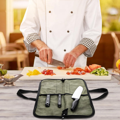Tosnail Chef Knife Roll Bag with 4 Slots, Heavy Duty Waxed Canvas Knife Bag with Handle, Kitchen Knife Storage, Portable Knife Carrying Case