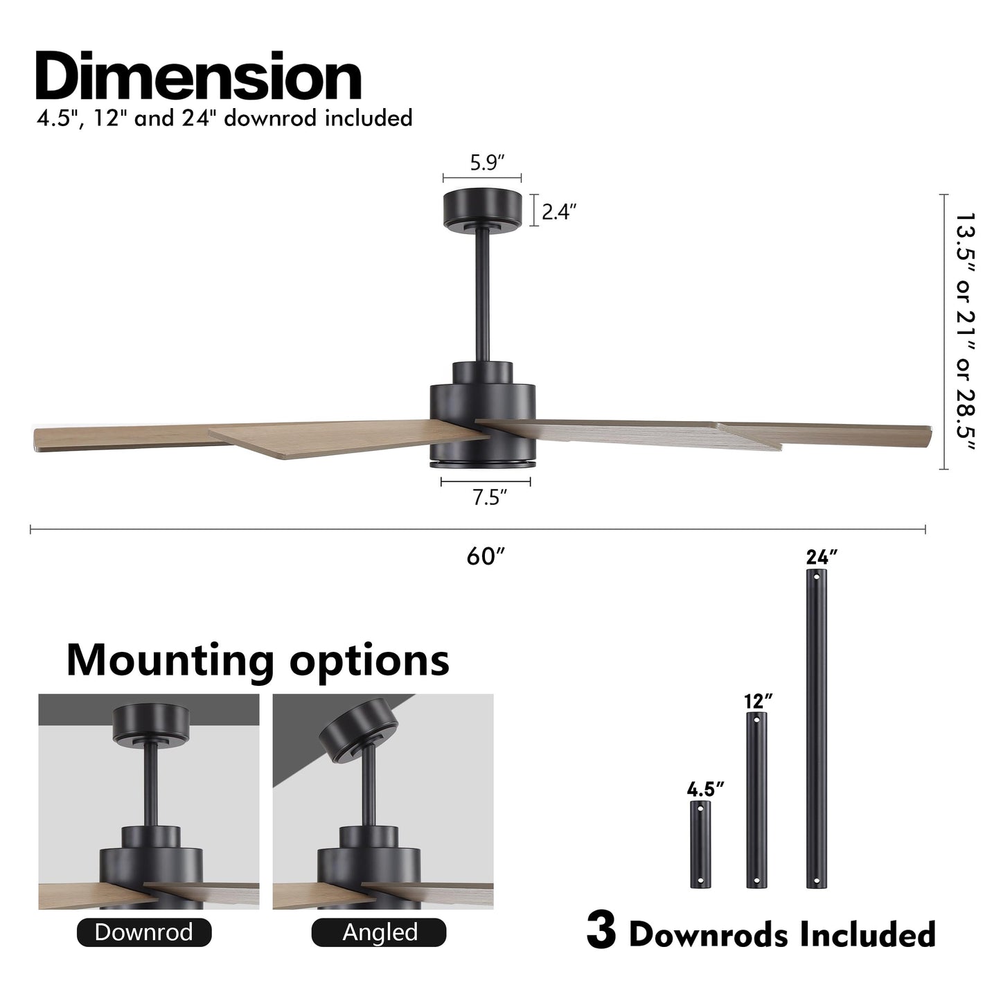 WINGBO 60" Large DC Ceiling Fans with Lights and Remote, 3 Downrods, 8 Plywood Blades, 6-Speeds Reversible DC Motor, 3CCT, Indoor Ceiling Fan for Bedroom Living Room Patio, Black and Gray