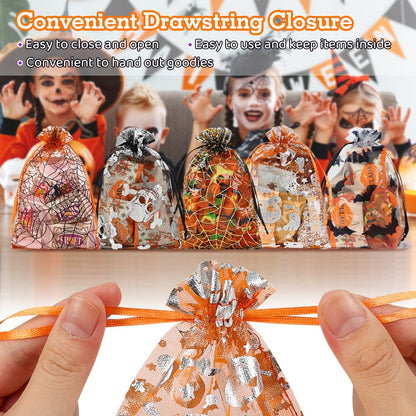 Shintop 100pcs Halloween Organza Treat Bags, 4x6inch Small Goodie Candy Bags Drawstring Mesh Gift Pouches for Candies Trick or Treat