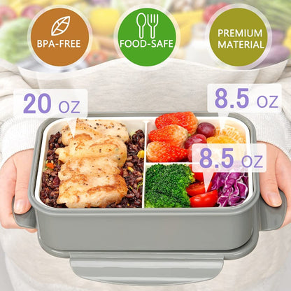 Bento Boxes for Adults - 1100 ML Bento Lunch Box Container For Kids With Spoon & Fork - Durable Perfect Size for On-the-Go Meal, BPA-Free and Food-Safe Materials(Grey)