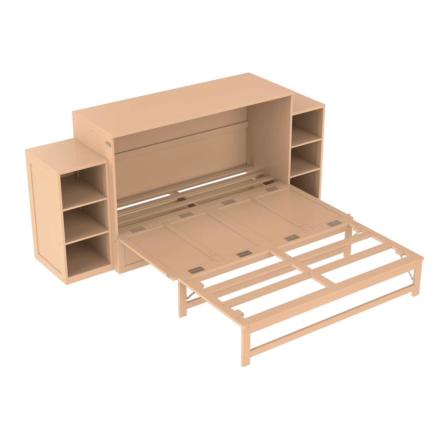 DNYN Pine Wood Murphy Bed Cabinet with Dual Multi-Layers Shelves and 2 Storage Drawers for Guest Room/Home Office, Space-Saving Foldable Bed Frame, No Box Spring Needed